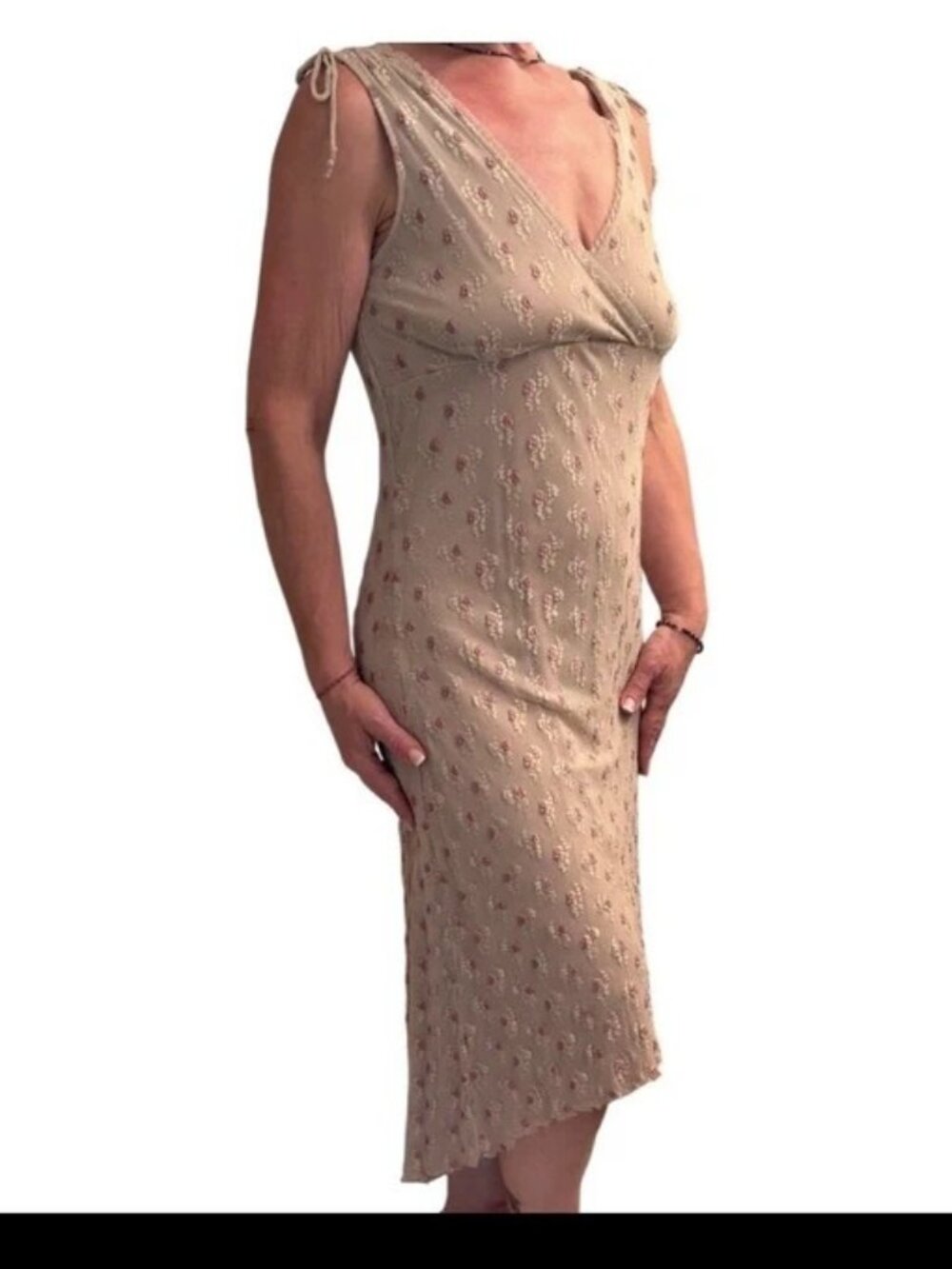 Vintage 90s/Y2K Asymmetrical High-Low 2-Layer Mesh Midi Dress Beige Floral Small